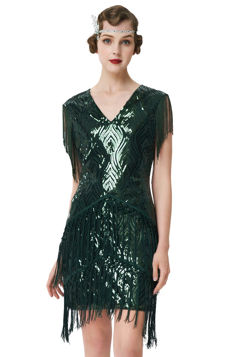 BABEYOND 1920s Flapper Dress Long Fringed Gatsby Dress Roaring 20s Sequins Beaded Dress Vintage Art Deco Dress Dark Green - Image 1